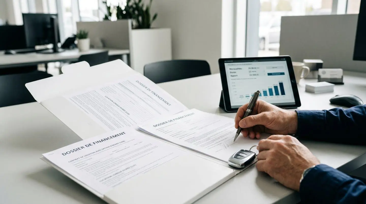 Bureau conseiller automobile moderne avec dossier financement LOA ouvert, tablette affichant simulation, clés de véhicule et mains professionnelles complétant contrat