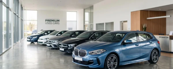 Showroom automobile moderne avec plusieurs voitures d'occasion récentes alignées, BMW Série 1 au premier plan, éclairage naturel par grandes baies vitrées, architecture contemporaine épurée
