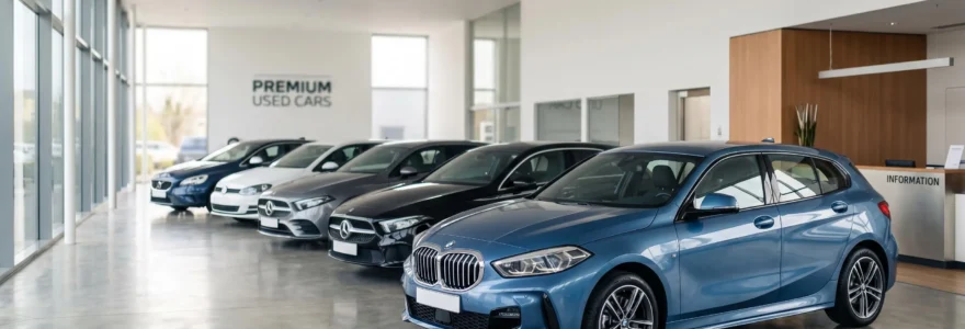 Showroom automobile moderne avec plusieurs voitures d'occasion récentes alignées, BMW Série 1 au premier plan, éclairage naturel par grandes baies vitrées, architecture contemporaine épurée